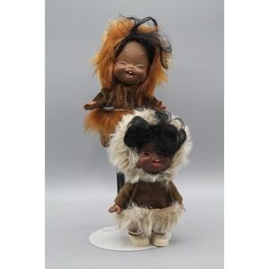 Vintage Evergreen Eskimo Dolls Pair Fur Trim Outfits Brown Vinyl 2 Doll Lot